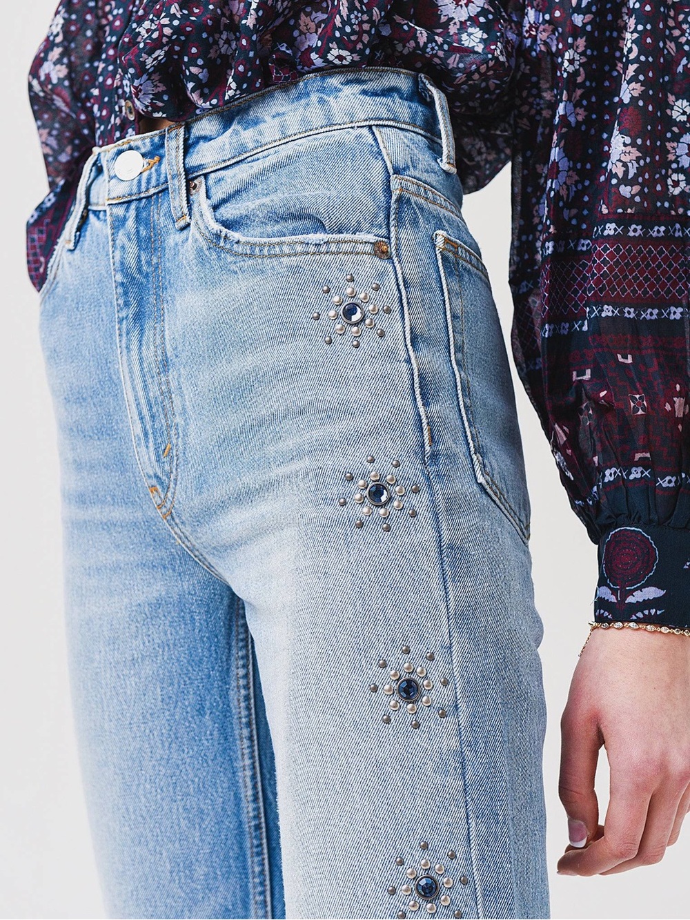 RE/DONE 60s 70s Loose Flare Studded Jeans Crystal High Rise Boho Retro Size 29